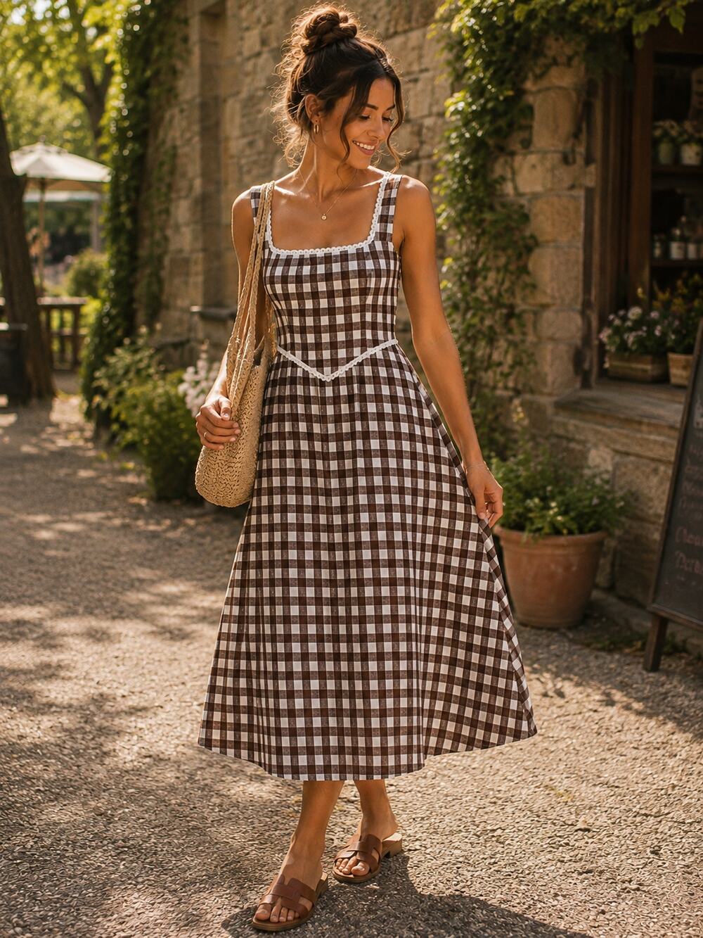 NWT WAYF Gingham Checkered Lace Trim Midi Dress
